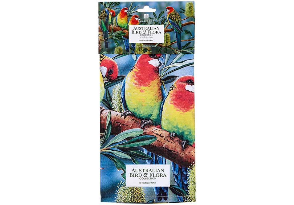 Ashdene Tea Towel Rosella & Banksia - Australian Bird and Flora