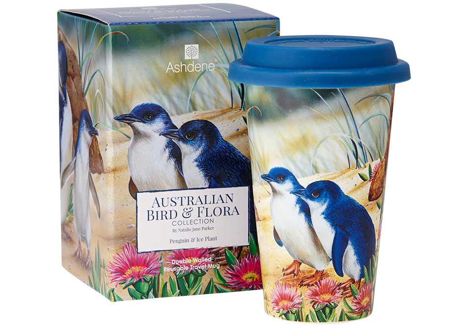 Ashdene Travel Mug Penguin & Ice Plant - Australian Bird and Flora
