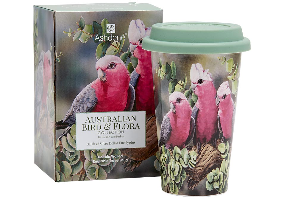 Ashdene Travel Mug Galah & Silver Dollar Eucalyptus - Australian Bird and Flora