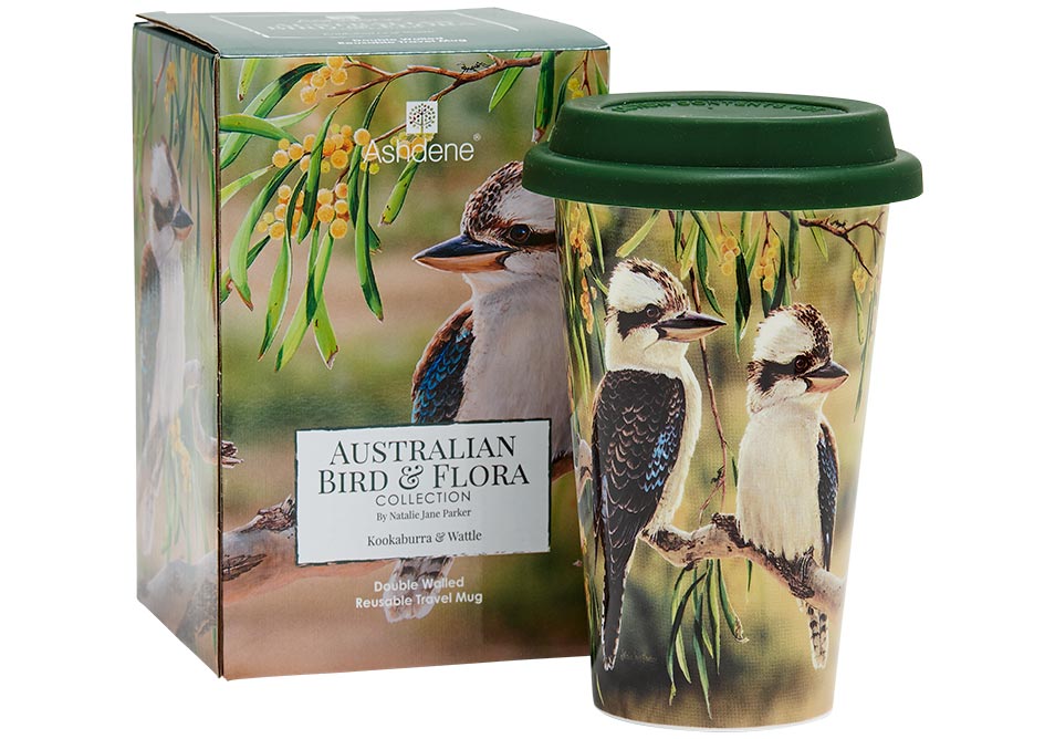 Ashdene Travel Mug Kookaburra & Wattle - Australian Bird and Flora